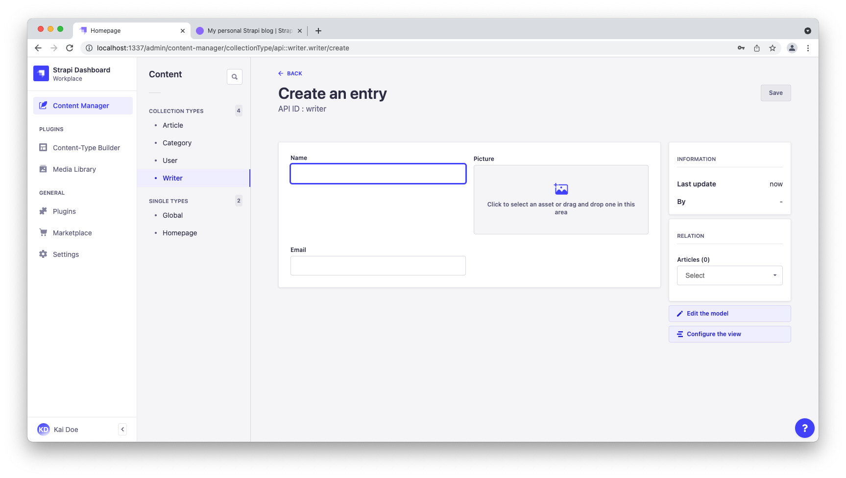 Screenshot: Create a new writer in admin panel